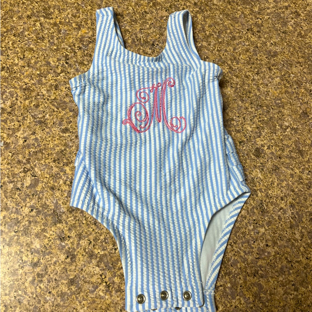 Baby Girl Monogrammed Swimsuit Seersucker Pattern, size 6-12 months